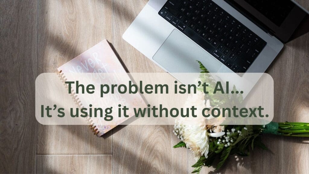 using AI to write a blog means providing context for the AI text on top of a laptop picture