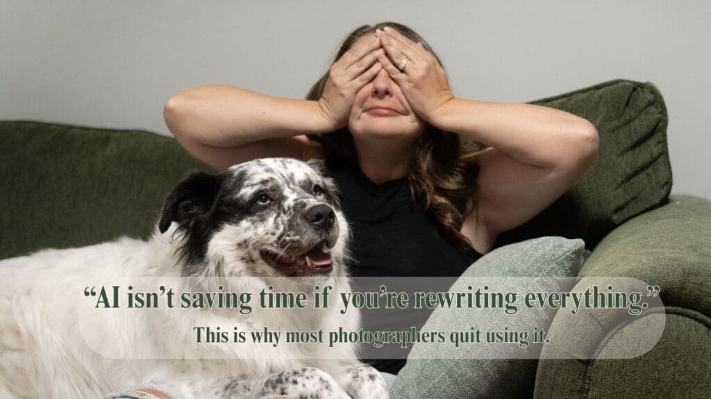 Photographer learning how to write a blog sitting on a couch with a dog