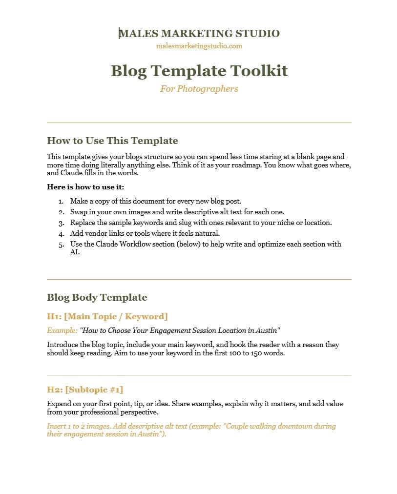a screenshot of a blogging template for photographers showing how to write a blog using Claude