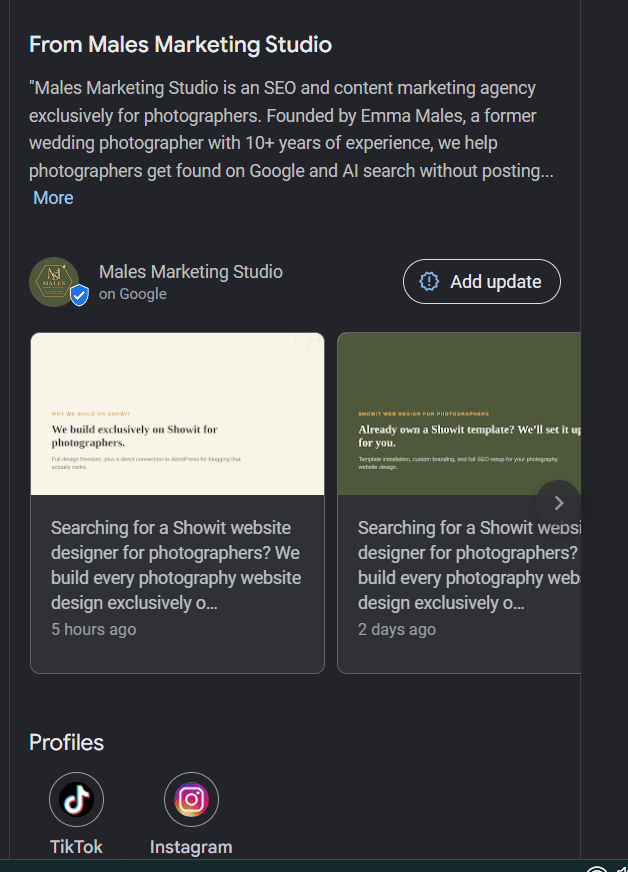 a screenshot of a photography business google business profile set up