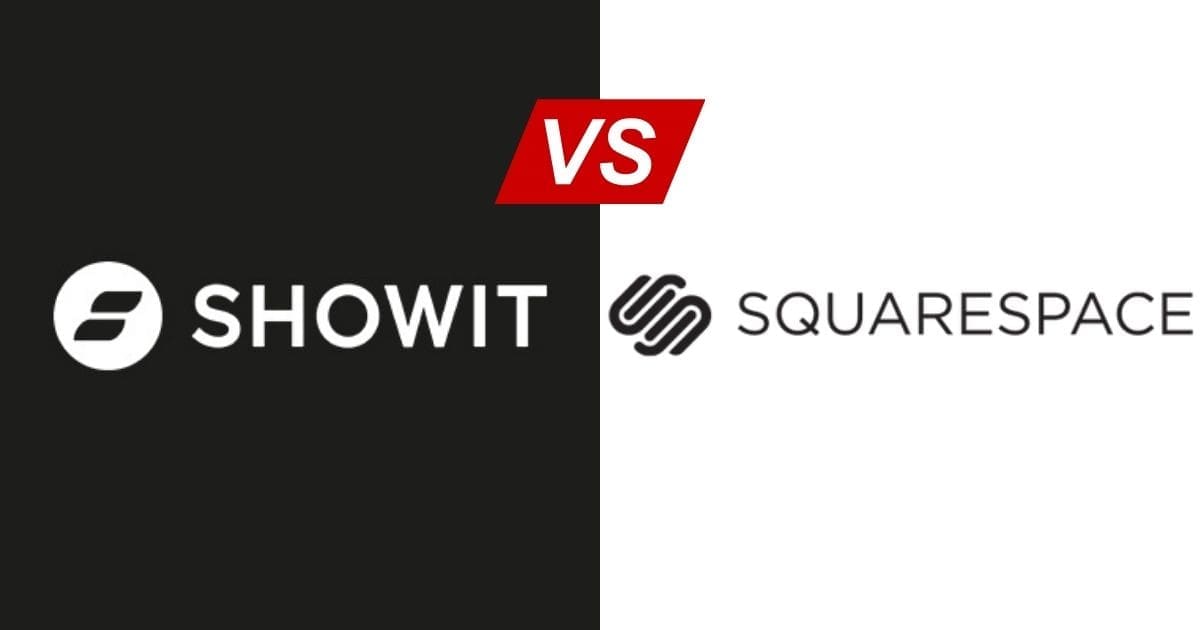 black and white logos of showit and squarespace websites with a red vs in between. reviewing squarespace websites for photographers