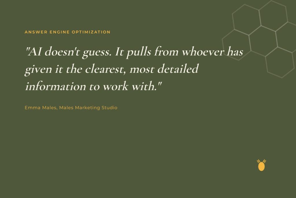 Answer engine optimization quote: AI recommends businesses with the clearest information, Emma Males, small business SEO tips
