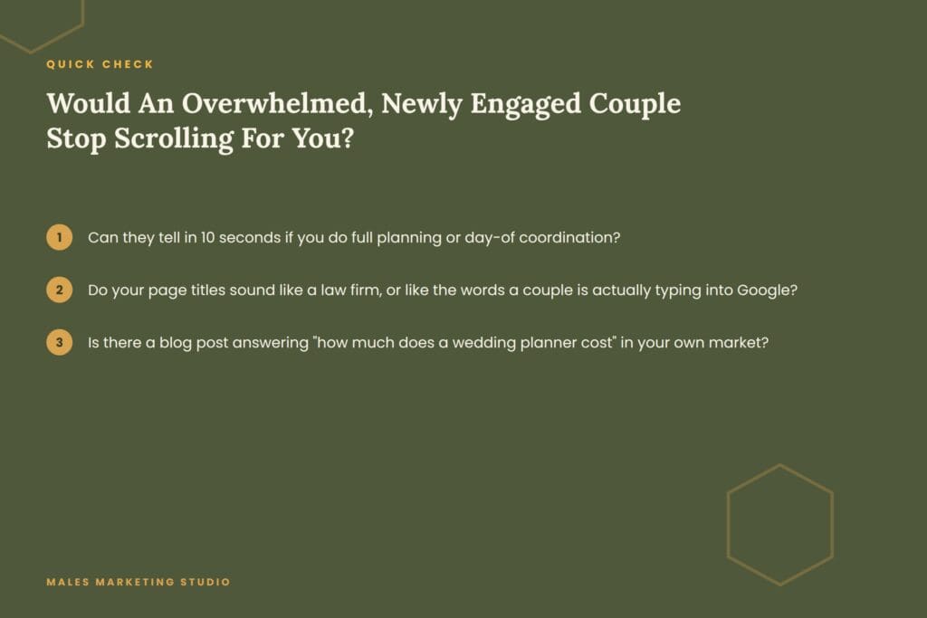 Quick check for wedding planner SEO: service type clarity, page titles, cost content