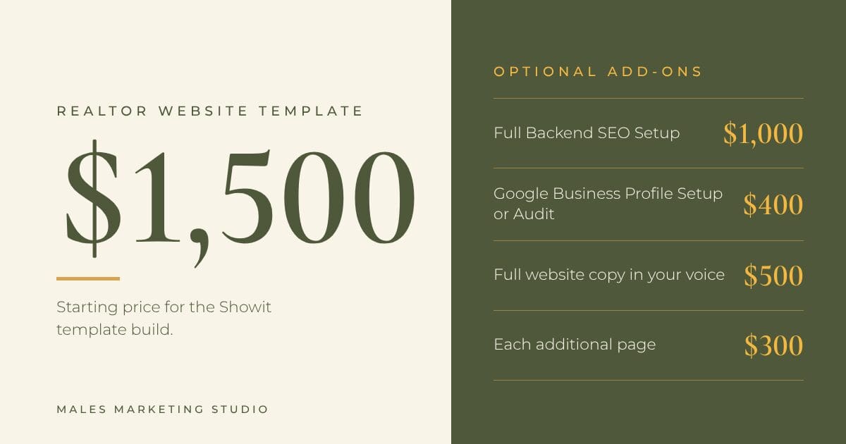 Realtor website template pricing starting at $1,500 with optional SEO, Google Business Profile, copy and page add-ons